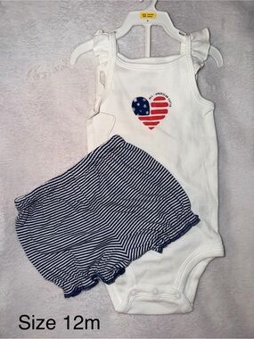 White Toddler “All American Cutie”Tank Onesie with Navy Stripe Shorts - Size 12M
